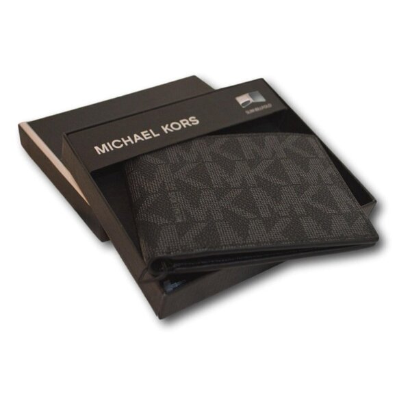 MICHAEL KORS BLACK LEATHER SLIM BI FOLD MENS WALLET - NIB - Picture 1 of 3